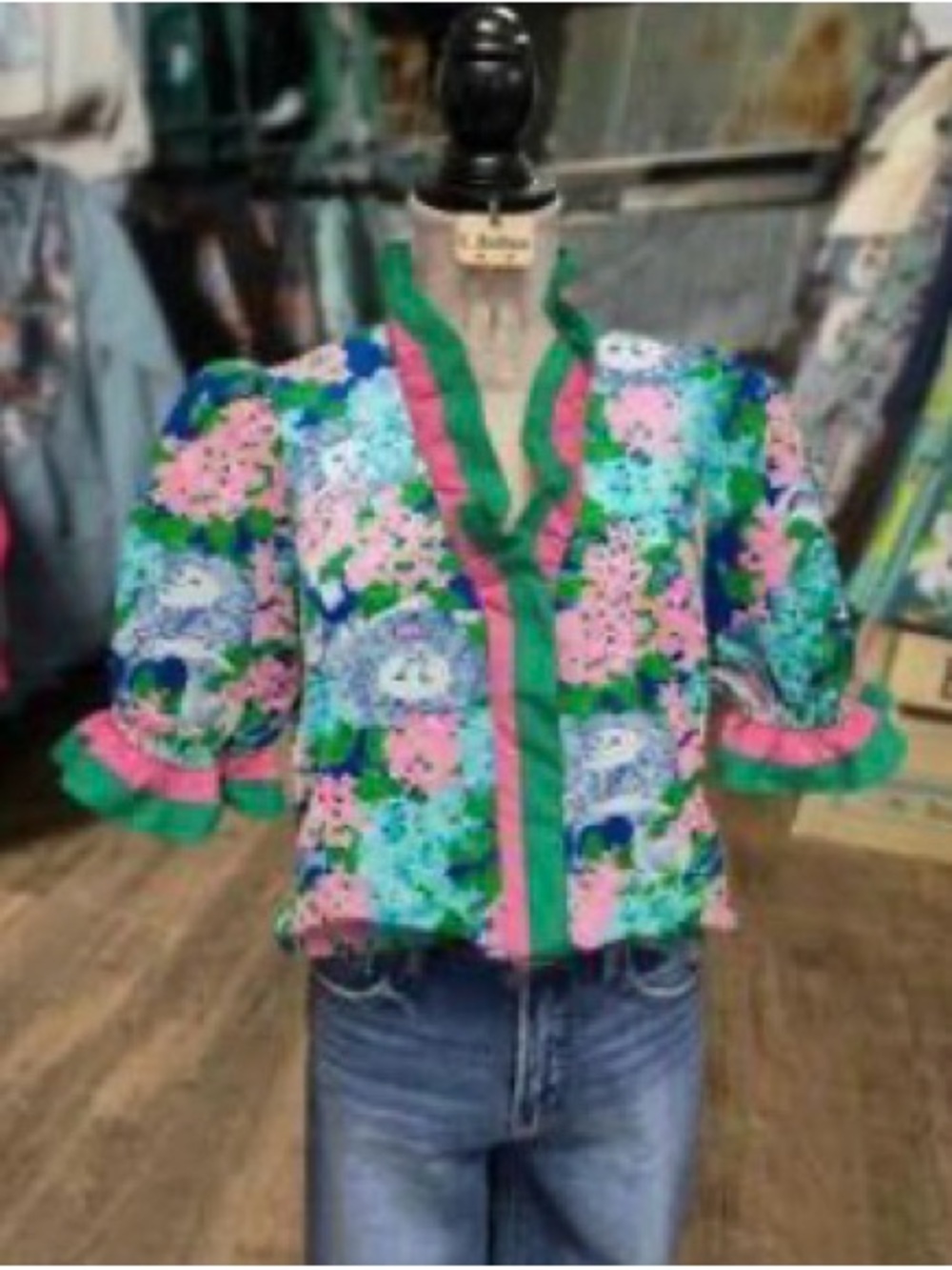 Bright Floral Puff Sleeve Blouse in Green, Pink & Blue